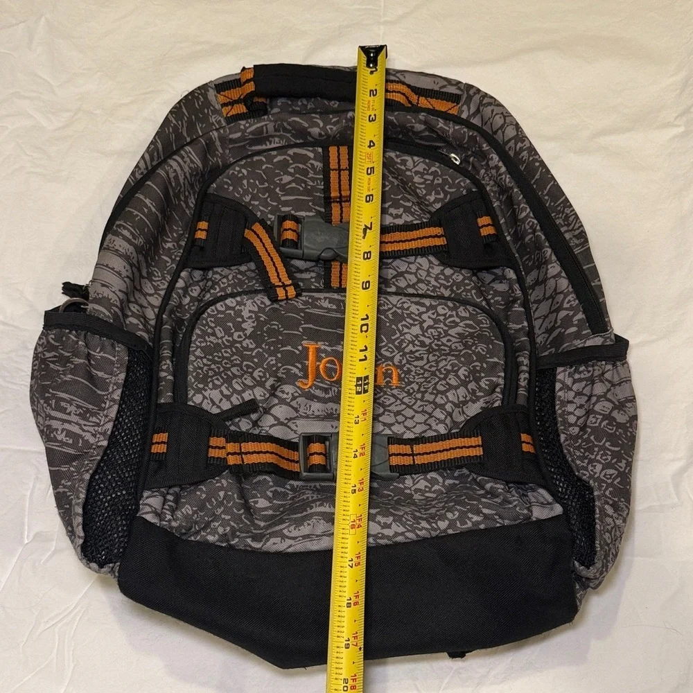 Pottery Barn Kids Grey & Orange SnakeSkin Pattern with John Embroidered Backpack